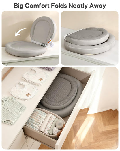 Waterproof Peanut Baby Changing Pad, Foldable Travel On-the-Go for Dresser & Changing Table, Wipe-Clean PU Diaper Pad with Non-Slip & Adjustable Safety Belt, 24"x16", Gray