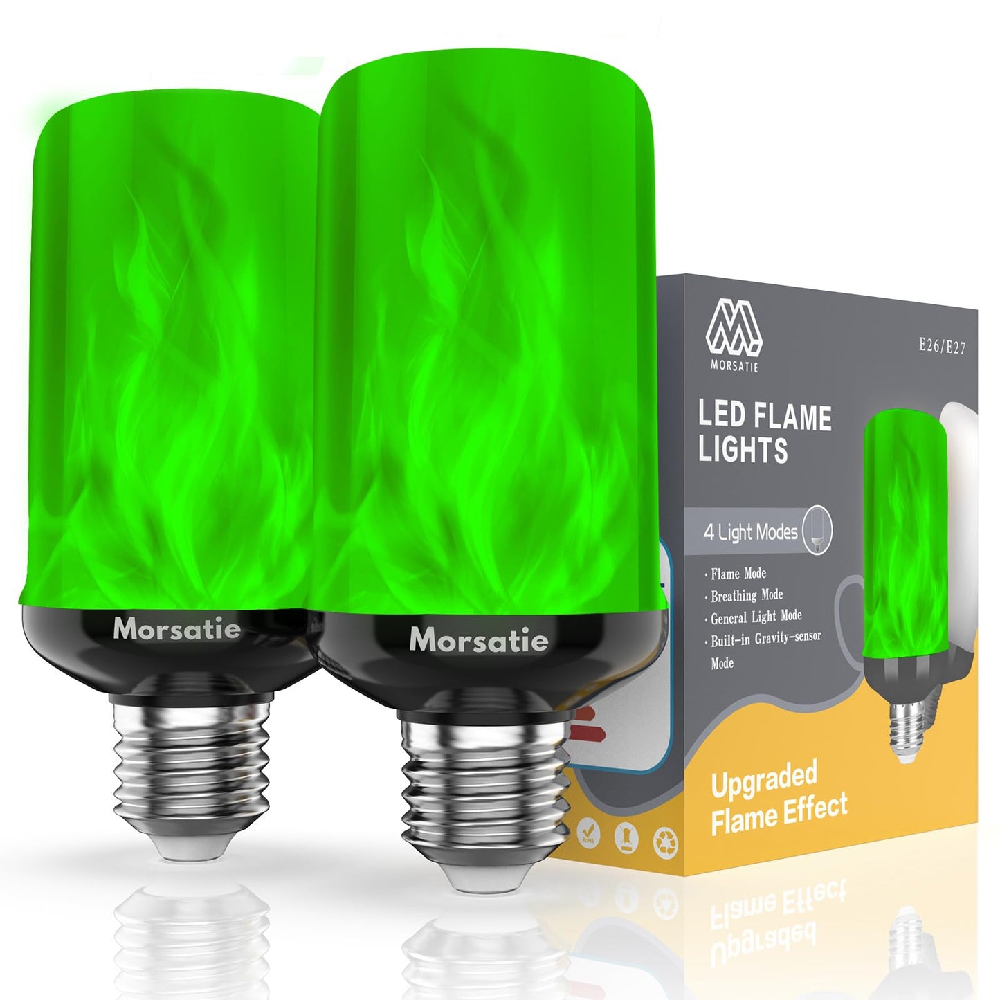Morsatie 【Upgraded Flame LED Flame Light Bulbs, 4-Mode Flickering Light Bulbs with Upside Down Effect, E26 Fire Light Bulb for Halloween Christmas Party Porch Patio Indoor Outdoor Decoration, Green