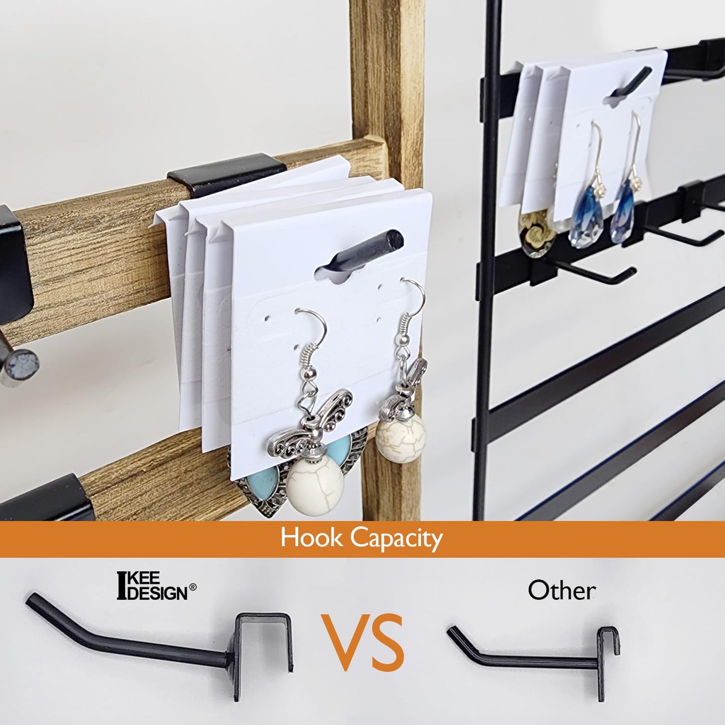 Ikee Design Free Assemble 2 Pcs Set Wooden Jewelry Display Rack with 20 Removable Metal Hooks/Each, Earring Display Holder Stand for Earring,Necklaces,Bracelet, Keychain Stand, Oak Color