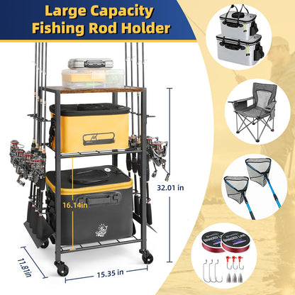 Olakee Fishing Rod Holder Cart for Garage & Home – Rolling Fishing Pole Organizer with Wheels, Holds 8 Rods, Tackle Storage Rack for Entryway, Corner, Gift for Men & Dad Anglers