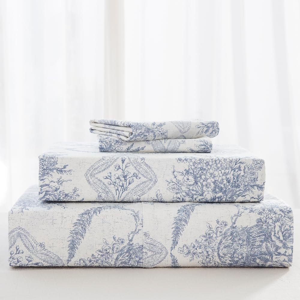 DAUAOTO King Size Cotton Bedding Printed Sheets Set, Up to 14" Deep Mattress, Farmhouse Country Cottage Pattern Bedlinen Sets, French Blue