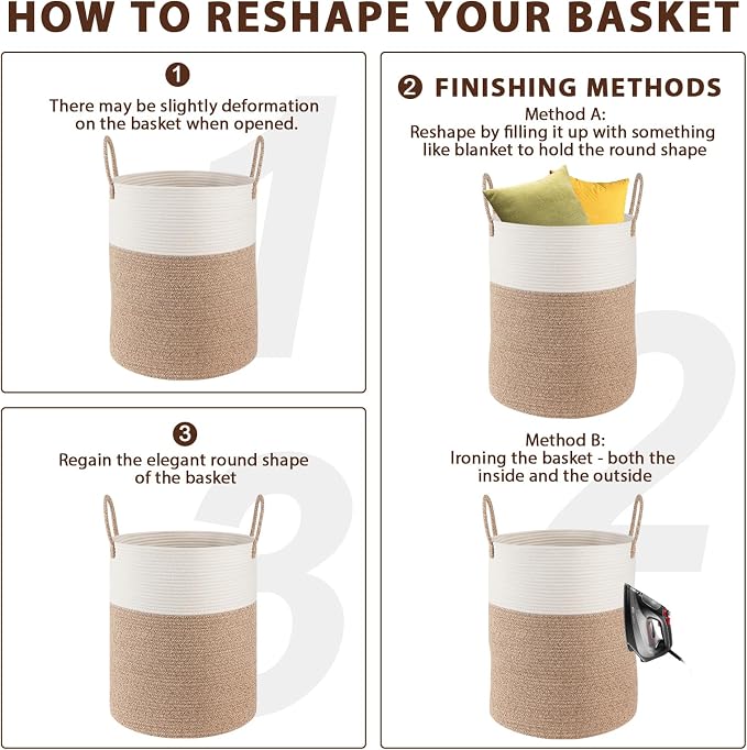 OIAHOMY Large Laundry Basket Hamper - 60L Cotton Rope Woven Basket for Blankets, Toys, Clothes - Tall Decorative Nursery Hamper with Long Handles, Gradient Brown