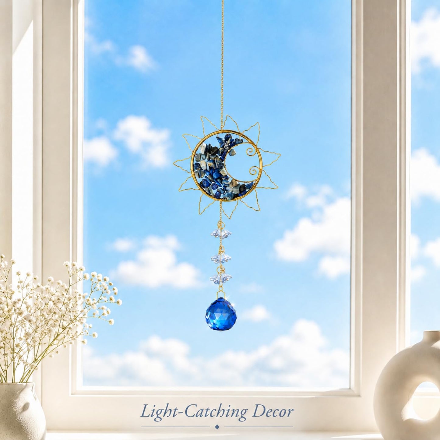 Hanging Sunlight Catcher, Sun & Moon Crystal Suncatcher, Crystal Hanging Ornament, Hanging Crystals for Decoration, Festival Gift, Window Decoration (Blue)