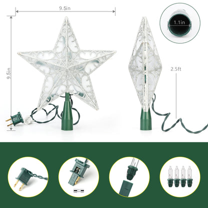 ODEETRONIC Star Christmas Tree Topper, 9.5in UL Certified 3D Star Tree Topper Lights, Double Sided Christmas Tree-top with 10 Count Incandescent Warm White Lights for Xmas Tree New Year Home, Silver