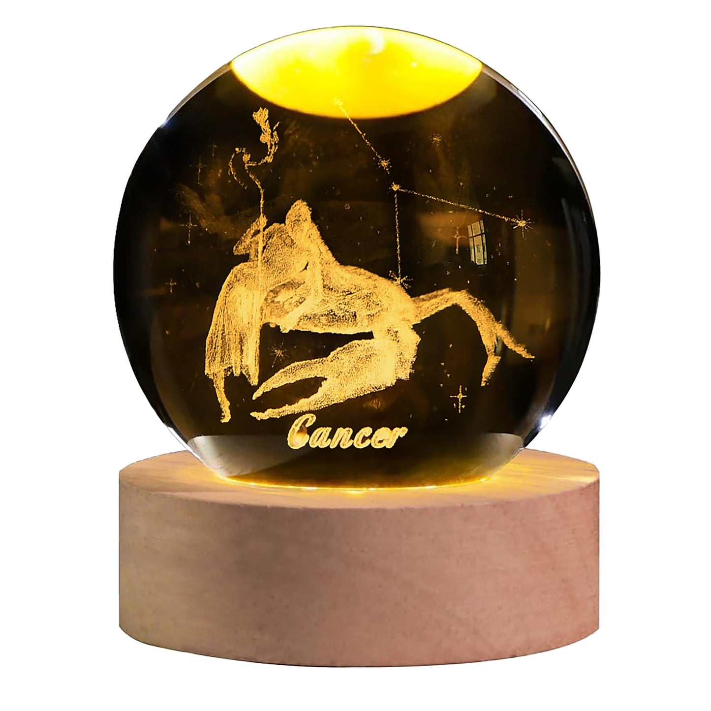 QIANCHANG 3D Etched Crystal Ball with LED Light Stand, Twelve Zodiac Cancer Constellation Decor Glass Sphere Lamp, Astrology Birthday Gifts for Women Kids