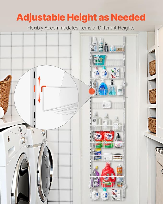 VEVOR Over the Door Pantry Organizer, 10-Tier Pantry Organization and Storage, Heavy-Duty Steel Hanging Spice Rack, Adjustable Wall Seasoning Shelves, for Home Kitchen Laundry Room Bathroom, White