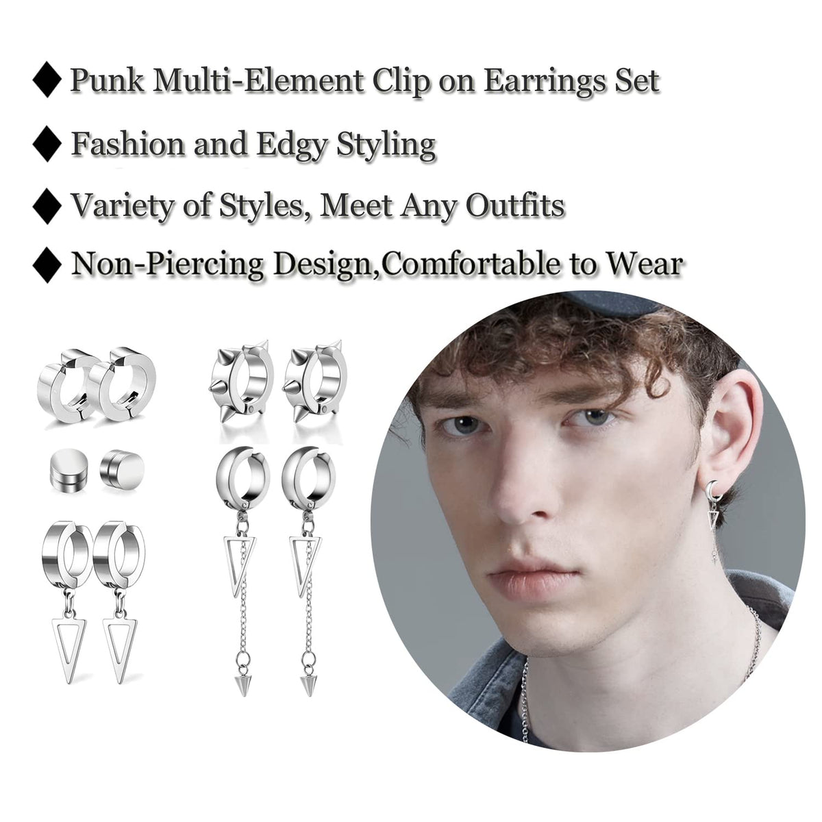 5 Pairs Silver Stainless Steel Non-Piercing Spike Rivet Geometric Triangle Dangle Tassel Clip on Hoop Earrings Set for Women Men, Non Pierced Fake Ear Clip Stud Earrings