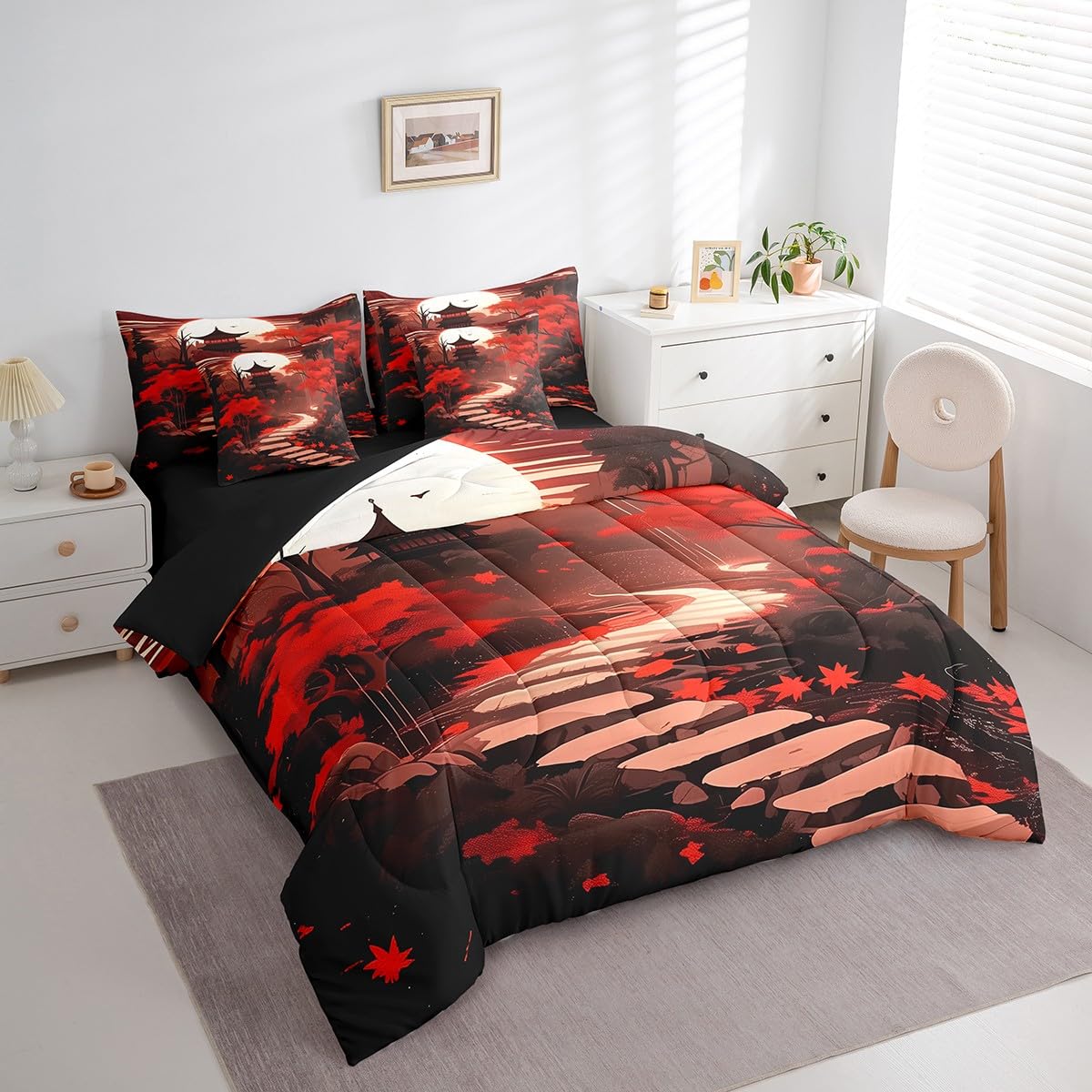 Erosebridal Oriental Theme Queen Comforter Set 7 Piece,Japanese Style Bedding Set with Sheets,Traditional Aesthetic Bed Set Red and Black Bed in a Bag with Fitted Sheet+Flat Sheet,Pillowcases