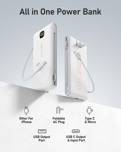 VEEKTOMX Portable Charger with Built in Cables 10000mAh, Power Bank for iPhone with AC Wall Plug, Fast Charging USB C Slim Battery Pack with LED Display Compatible with iPhone 17/16/15/14, Samsung
