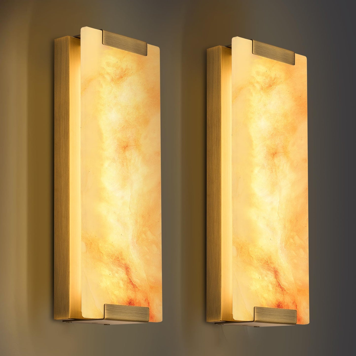 14.2 in Brass Alabaster Wall Sconces, Natural Marble Wall Sconces Set of Two, Indoor Alabaster Sconces for Living Room, LED Modern Alabaster Sconces Wall Lighting for Dining Room,Bedroom ,Stairs