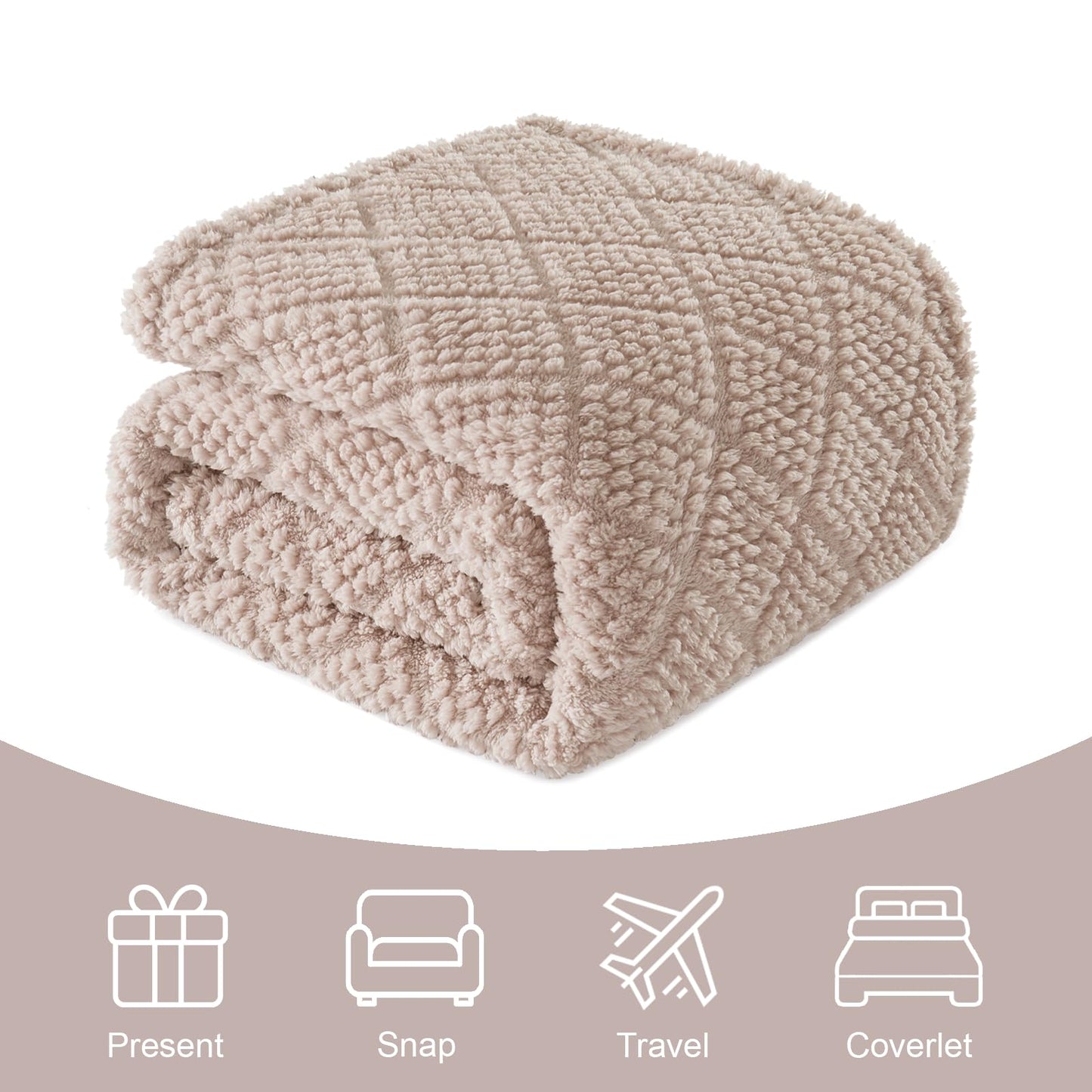Whale Flotilla Fuzzy Fleece Queen Size Blanket for Bed, Soft Fluffy Jacquard Waffle Blankets for All Season, Lightweight and Cozy, 90x90 Inch, Camel