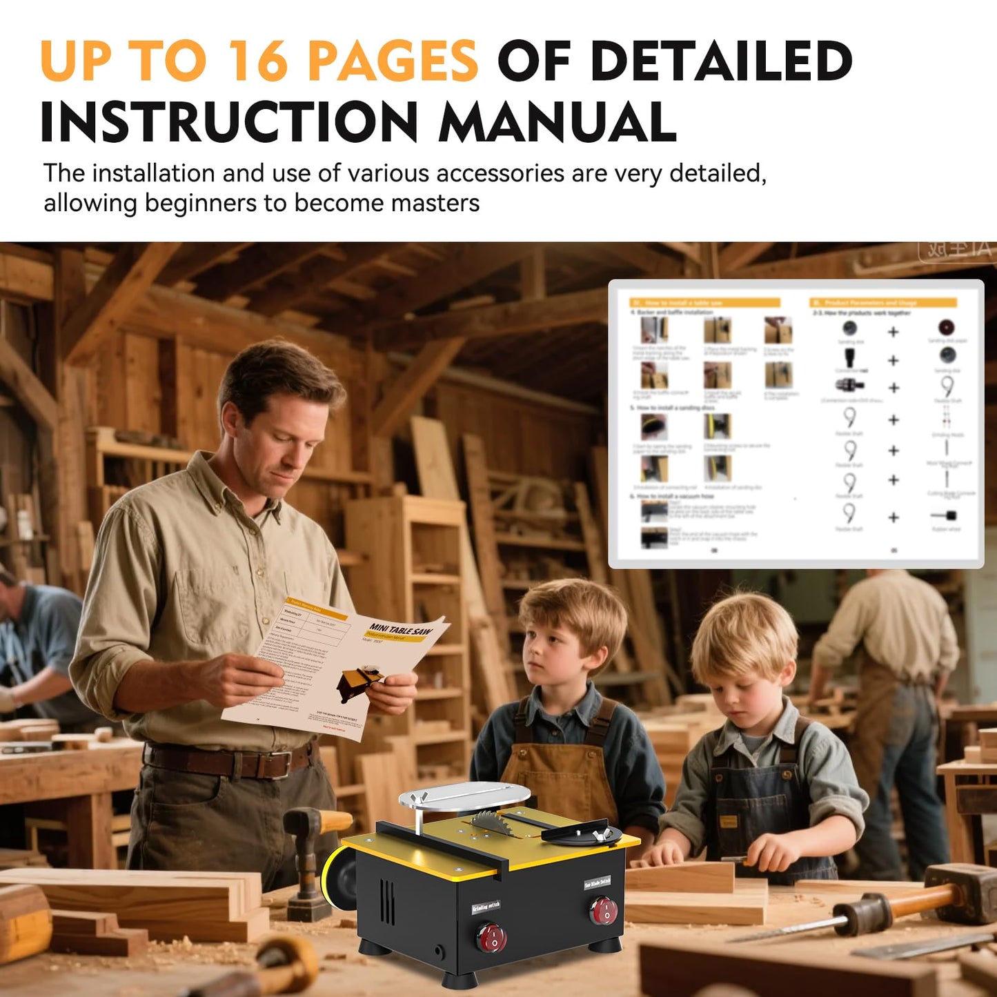 Mini Table Saw for Hobbyists [Dual 795 Motors & Switches] 200W/12,000RPM/26mm Adjustable Height with Accessories – Perfect for DIY Crafts, Handmade Gifts & Exploring Hobbies