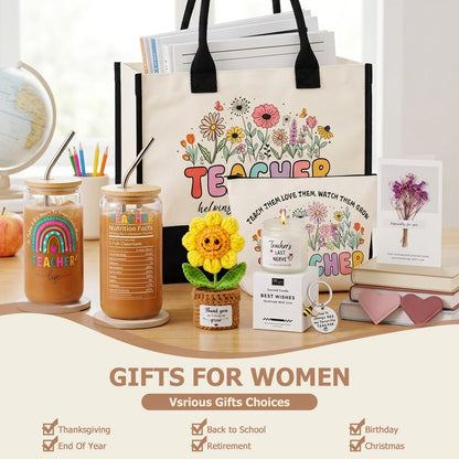 FINELOVE Teacher Appreciation Gifts for Women: 9 Pcs Teacher Gift Set with Large Functional Canvas Tote Bag & 16oz Glass Cup Thank You Gifts for Teacher Retirement, Back to School, Birthday, Christmas
