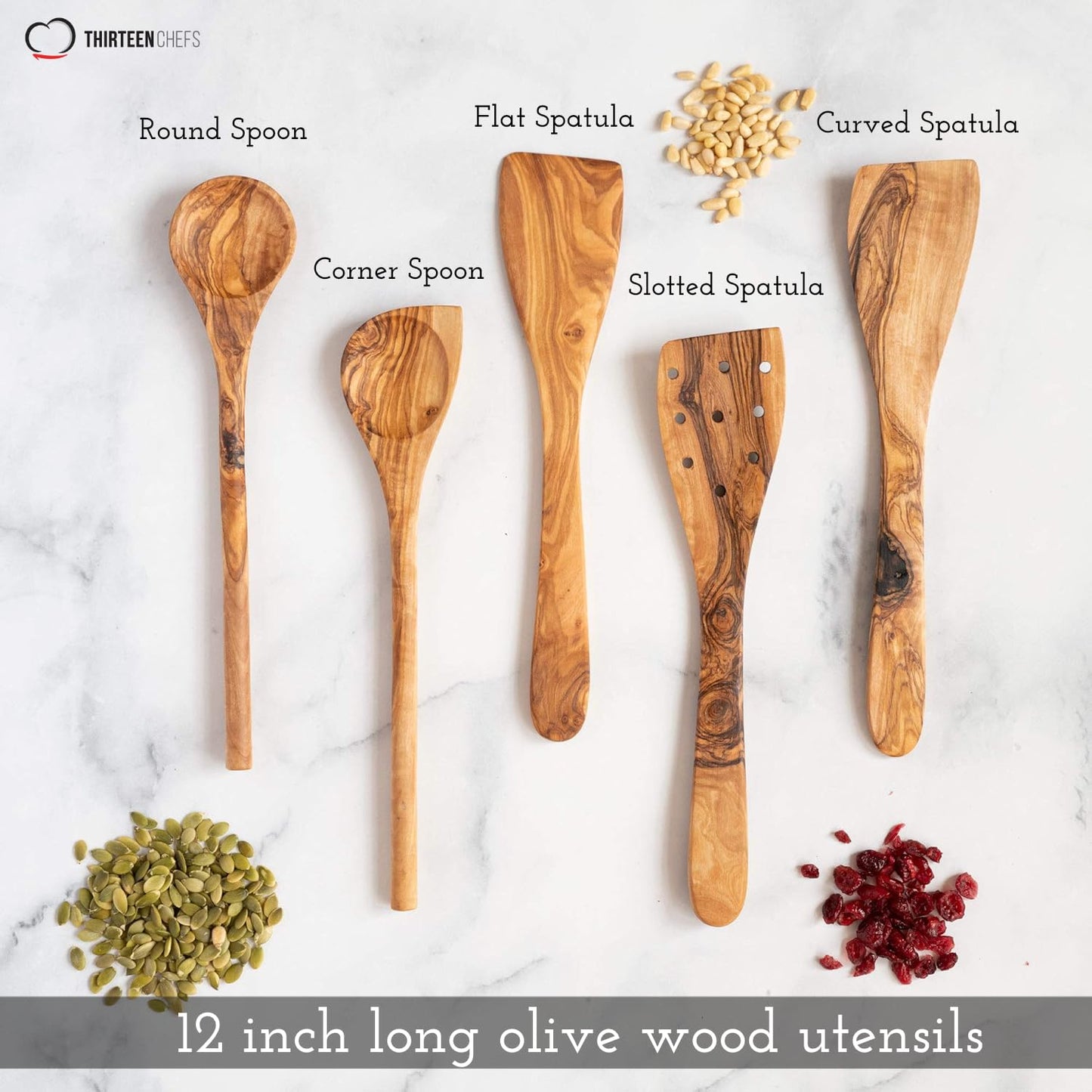 Tramanto Olive Wood Utensil Set - 5 Piece Spatula and Spoon Wooden Cooking Tools, 12 Inch Long, Rustic Hand Made with Gift Box