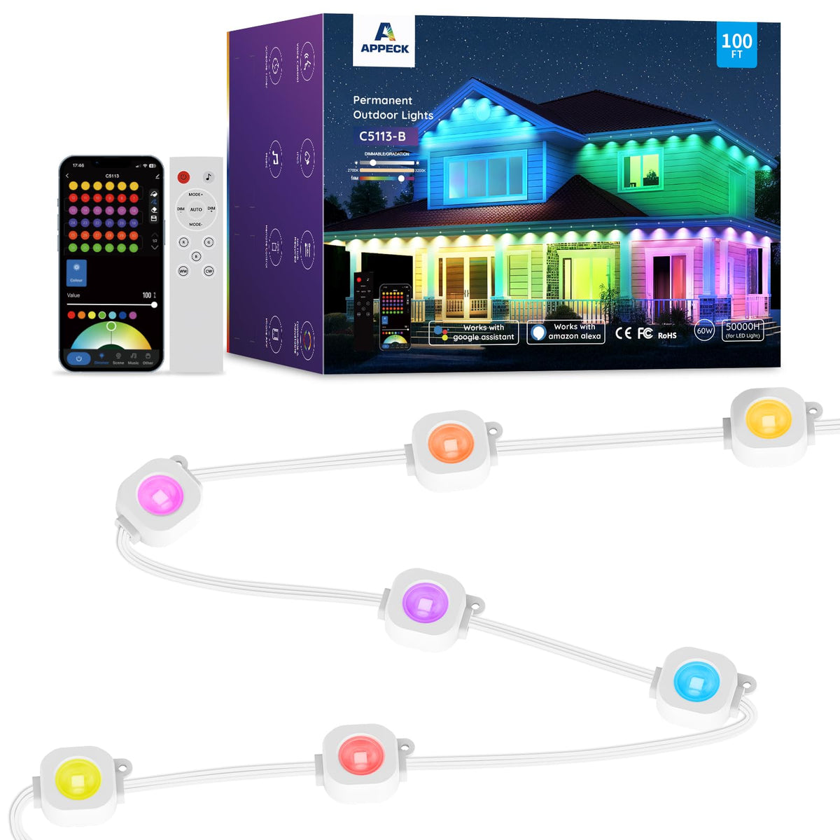 Permanent Outdoor Lights 100ft,RGBW Eaves Light with 72 LED Lights,111+ Scenes Modes Outdoor Lighting, Waterproof Permanent Light for Daily Holiday Halloween Decorations, Compatible with Alexa,White
