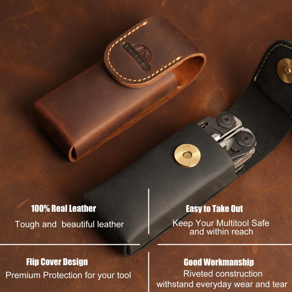 Topstache Leather Multitool Sheath for Belt - Multitool Holster for Belt - Leather Multitool Pouch - Leather Multitool Case for Belt - EDC Belt Organizer - Belt Loop Leather Multitool Holder, Black