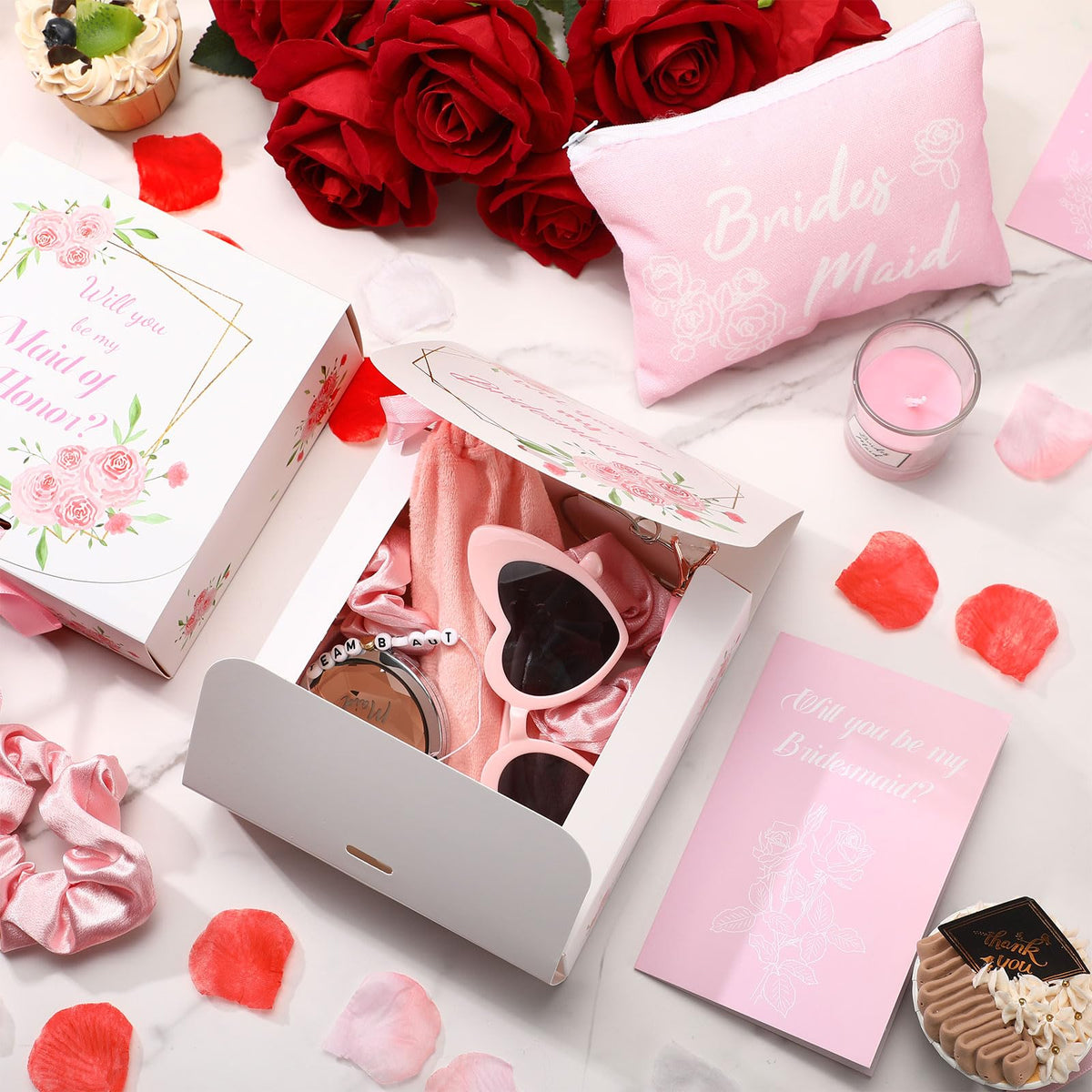 Nuogo 88 Pcs 8 Sets Bridesmaid Proposal Gift Wedding Bridesmaid Box Set Maid of Honor Gift Include Box Candle Invited Cards Scrunchies Hair Elastics Ties Knotted Bracelets Diamond Pens(Pink,Fresh)