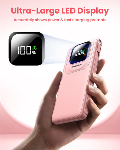 Portable Charger with Built-in Cables,22.5W Super Fast Charging Power Bank Slim Phone Charger,10000mAh Travel Battery Pack Battery Bank with Smart LED Display for iPhone, Android & USB-C Devices