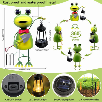 Solar Garden Lights Frog Statue with Solar Lantern,13.78in Tall Frog Decor Fairy Accessories,Mothers Day Birthday Gifts for Women Mom Grandma,Big Metal Decorative Stakes for Home Decor,Patio,Yard Art