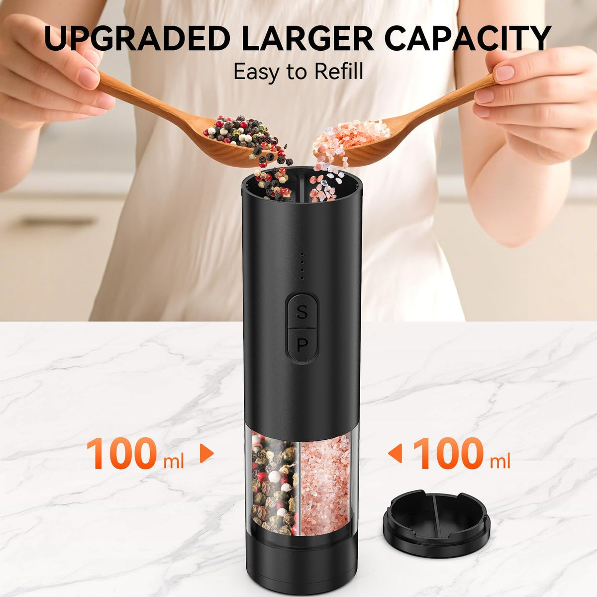 HeatBay 2 in 1 Electric Salt and Pepper Grinder Set, USB Rechargeable, Automatic Salt and Pepper Mill Shakers with Battery Display, LED Light, Adjustable Coarseness Ideal for Kitchen Gift(Black)