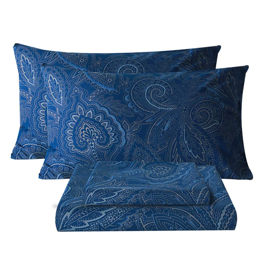 Bedlifes King Sheet Set Ultra Soft, Breathable, Silky Flower Deep Pocket 100% Microfiber Bedding, 4 Piece King Size Paisley Dark Navy Blue