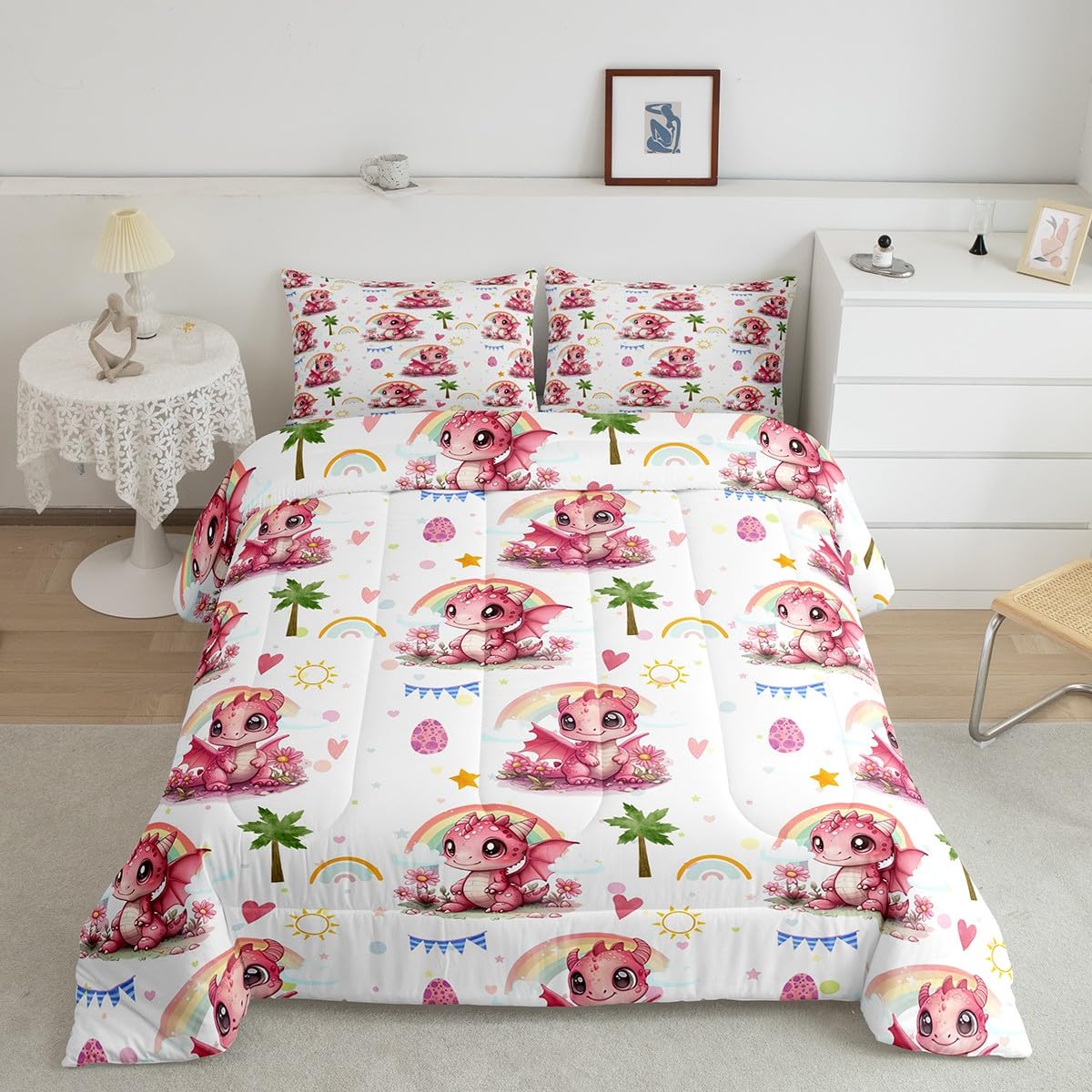 Girly Pink Dragon Bedding Comforter Sets Toddler,Cute Dragon Rainbow Cartoon Eggs Bedding Set for Bedroom Decoration,Rustic Coconut Tree Pink Hearts with 1 Comforter and 1 Pillow Case Bedroom Decor