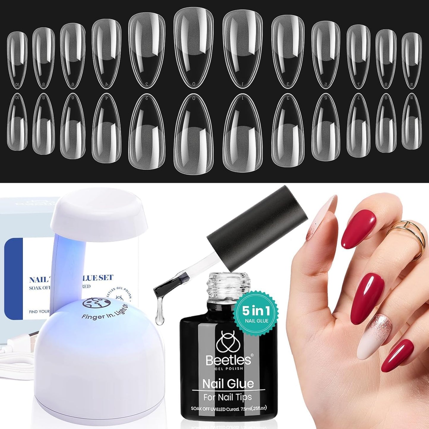 Beetles Gel Nail Extension Kit Almond Shape, Easy 9 in 1 Glue Uv Led Set Etch X Nail Tips Short Almond Half Matte Tips, Gift for Women & Girls, 504 pcs