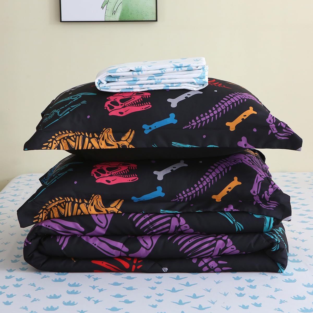 Jameswish 7 Piece Boys Dinosaur Comforter Set Twin Size 3D Black Dinosaur Skeleton Bedding Set for Toddler Kids Teens Christmas Birthday Gift