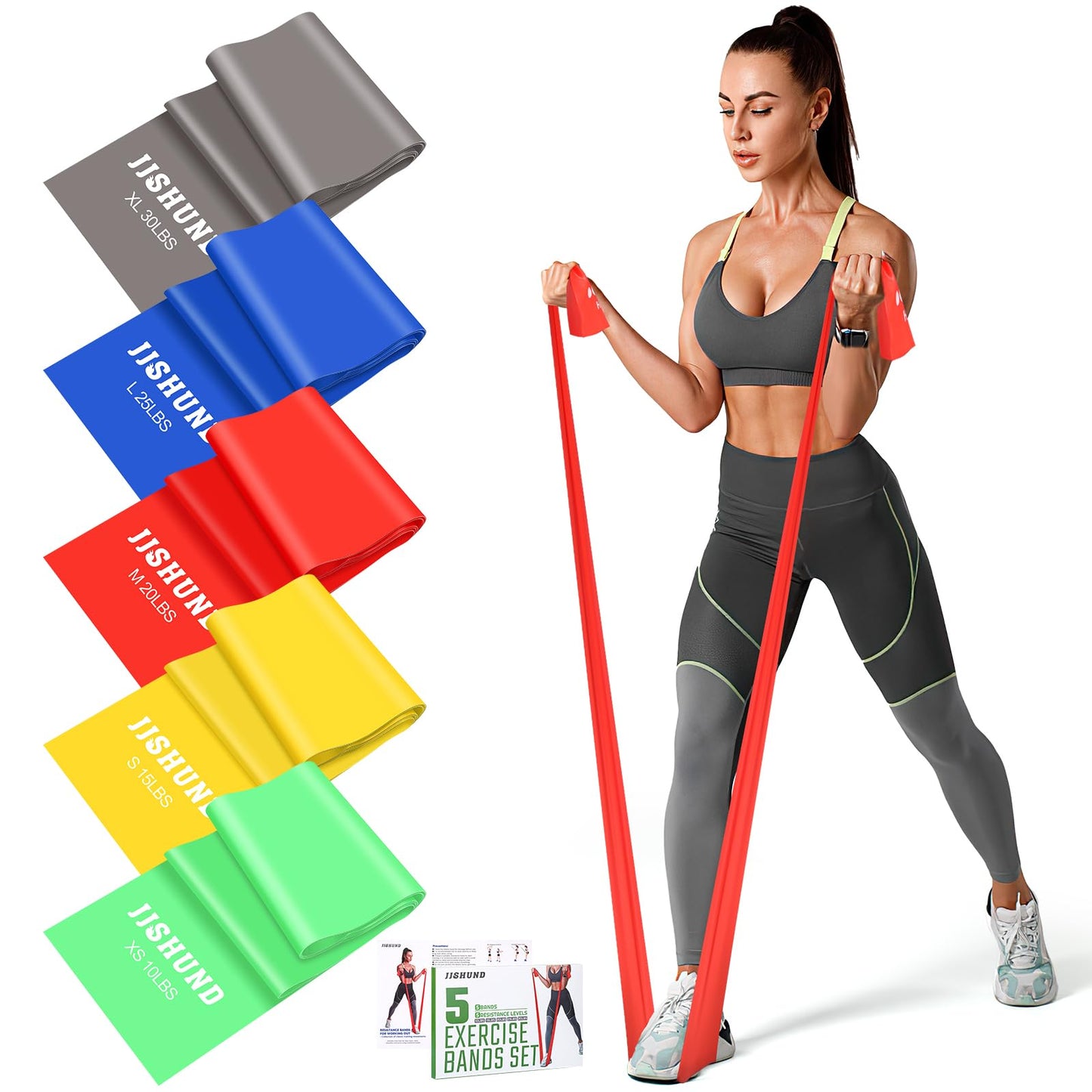 Resistance Band Set, 1.8 M Exercise Bands with 5 Resistance Levels, Long Stretch Bands for Men & Women, Workout Resistance Bands for Yoga Gym Pilates Fitness Strength Training Muscle Building
