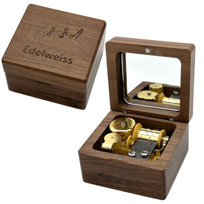 Pursuestar Luxury Walnut Wood Music Box -Edelweiss, Vintage Wooden Carved Mechanism Wind Up Musical Box with Mirror for Valentine's Day Mother's Day Birthday Christmas