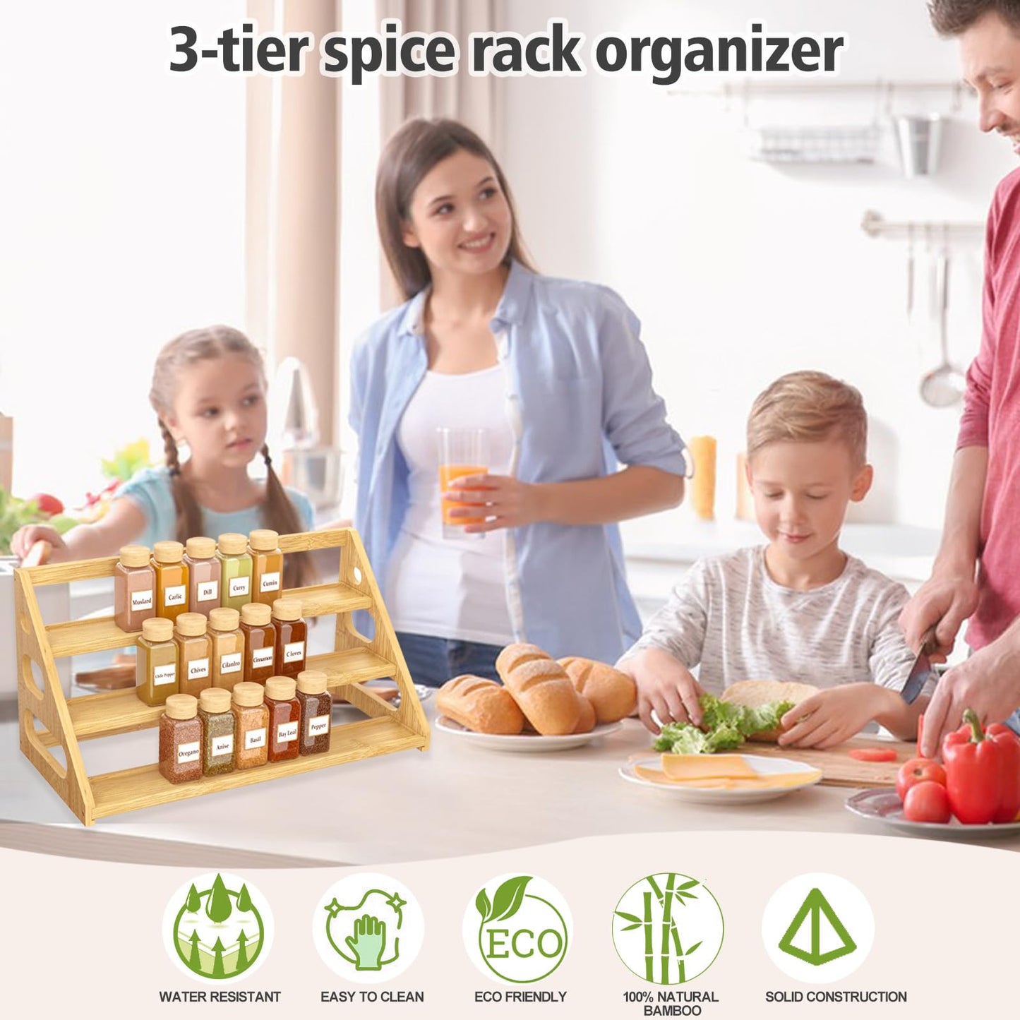 Banlilus Premium Spice Rack - 3 Tier Bamboo Spice Rack Organizer - Spice Organization for Kitchen Cabinet/Countertop