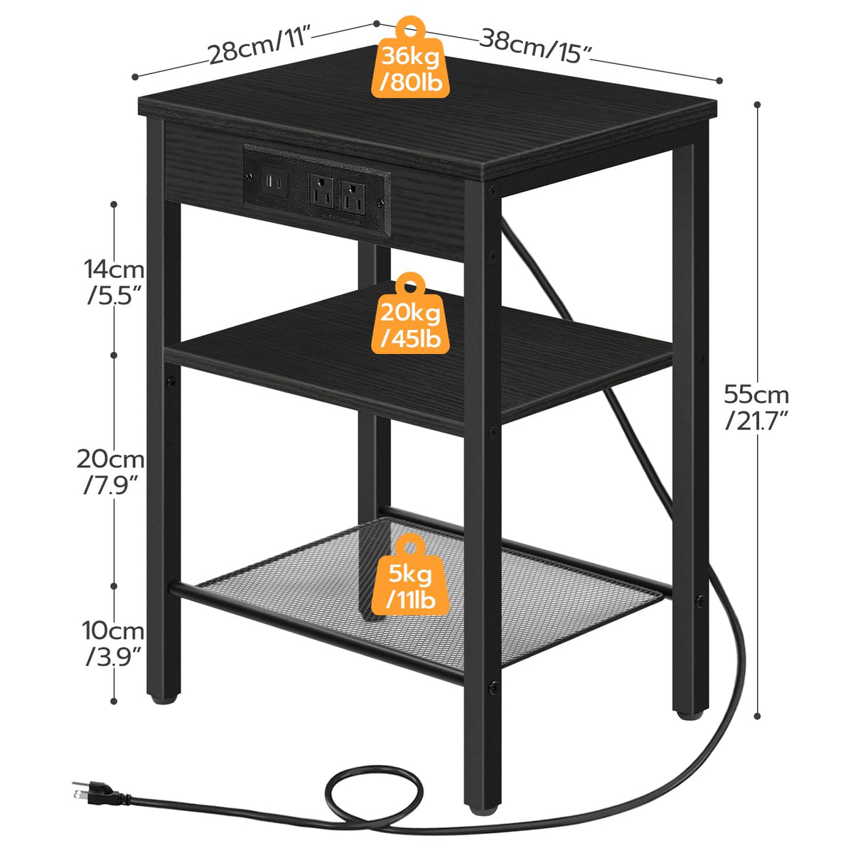 HOOBRO Side Table with Charging Station and USB Port, Small End Table for Small Space, 3-Tier Nightstand with Adjustable Shelf, for Living Room, Bedroom, Black BB112BZ01