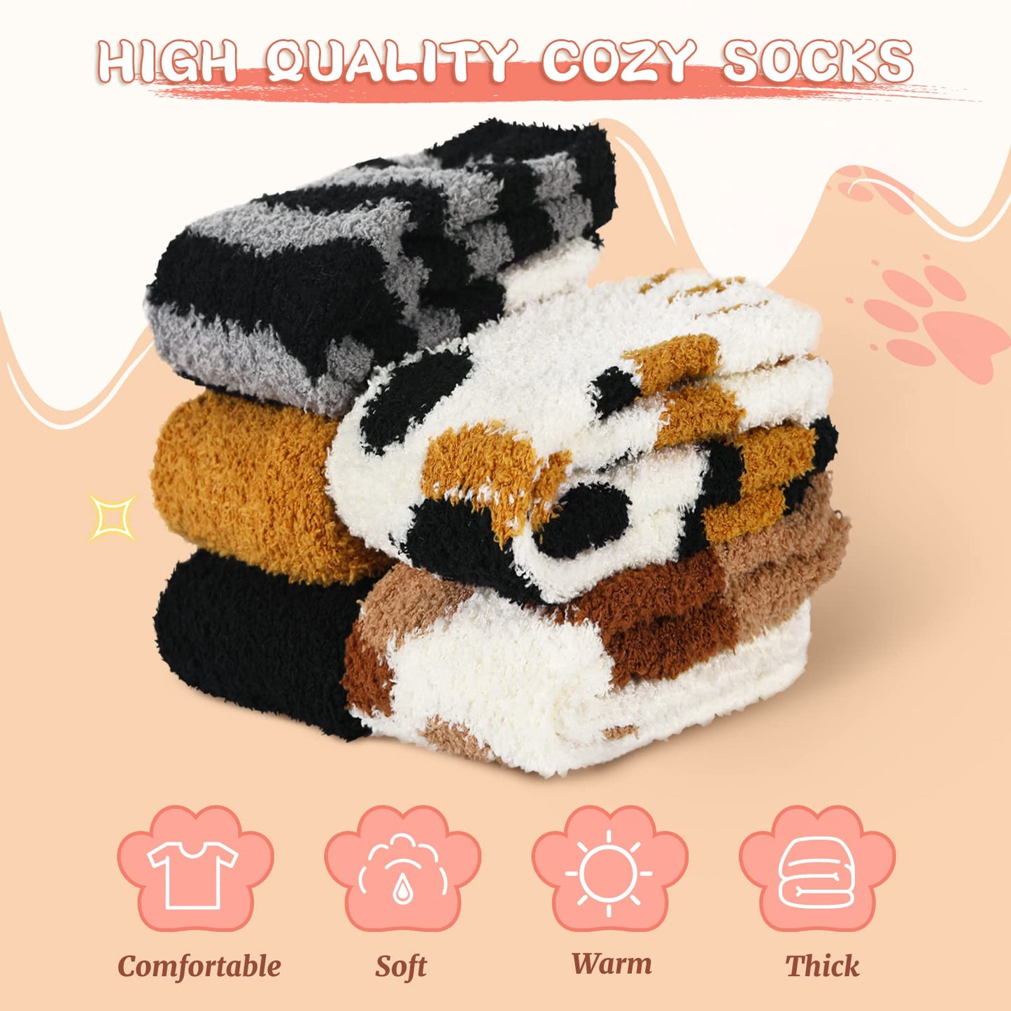 Trifabricy Fuzzy Socks for Women - 5 Pair Cute Funny Cat Fluffy Slipper Fuzzy Socks, Women's Warm Soft Cozy Cat Paw Sock for women