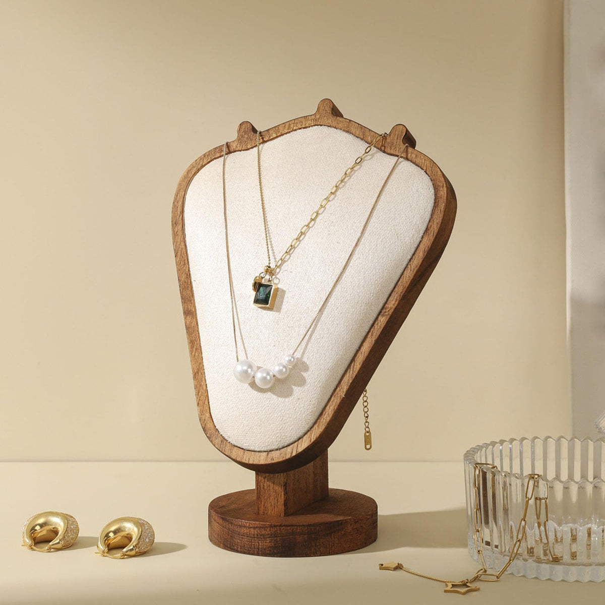 TANG SONG 8.27" Walnut Wooden Base Leather Soft Mat Necklace Display Stand Jewelry Organizer Holder (Walnut-Beige)