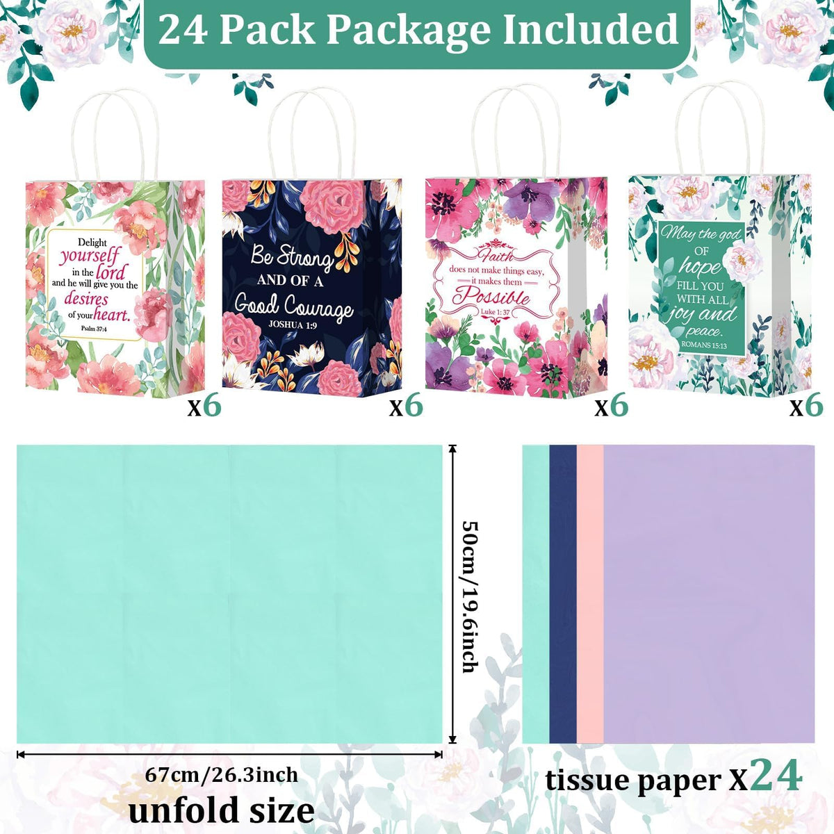 24 Pcs Religious Gift Bags Bible Gift Paper Bags with 24 Tissues Bible Verse Paper Bags with Handles Inspirational Flower Christian Gift Bags Bulk for Women Birthday Wedding Baptism Spring Party Favor