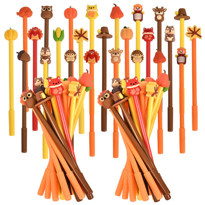 LiYiQ 50 Pcs Thanksgiving Day Cartoon Cute Fun Pens Kawaii Maple Leaves, Pumpkins, Scarecrows and Turkeys Shape Gel Black Ink Pen, Cute Pumpkins Pens for Office Home Present