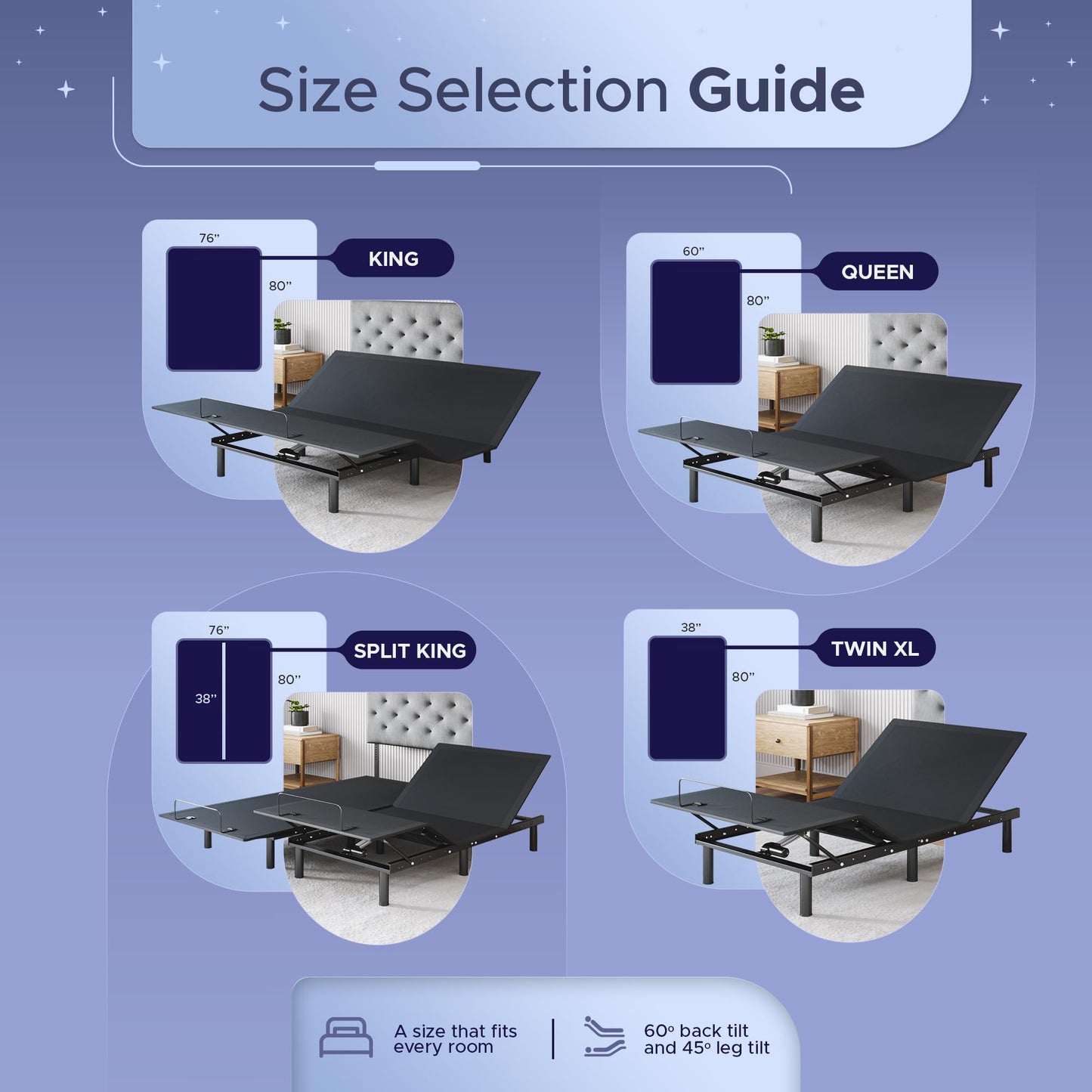 Celestial Aurora Adjustable Bed Base (Frame) + 12 inch Gel Memory Foam Mattress (Medium Soft), Easy Assembly, Head and Foot Lift, Zero Gravity, Memory Positions, CertiPUR-US Bed - Split King