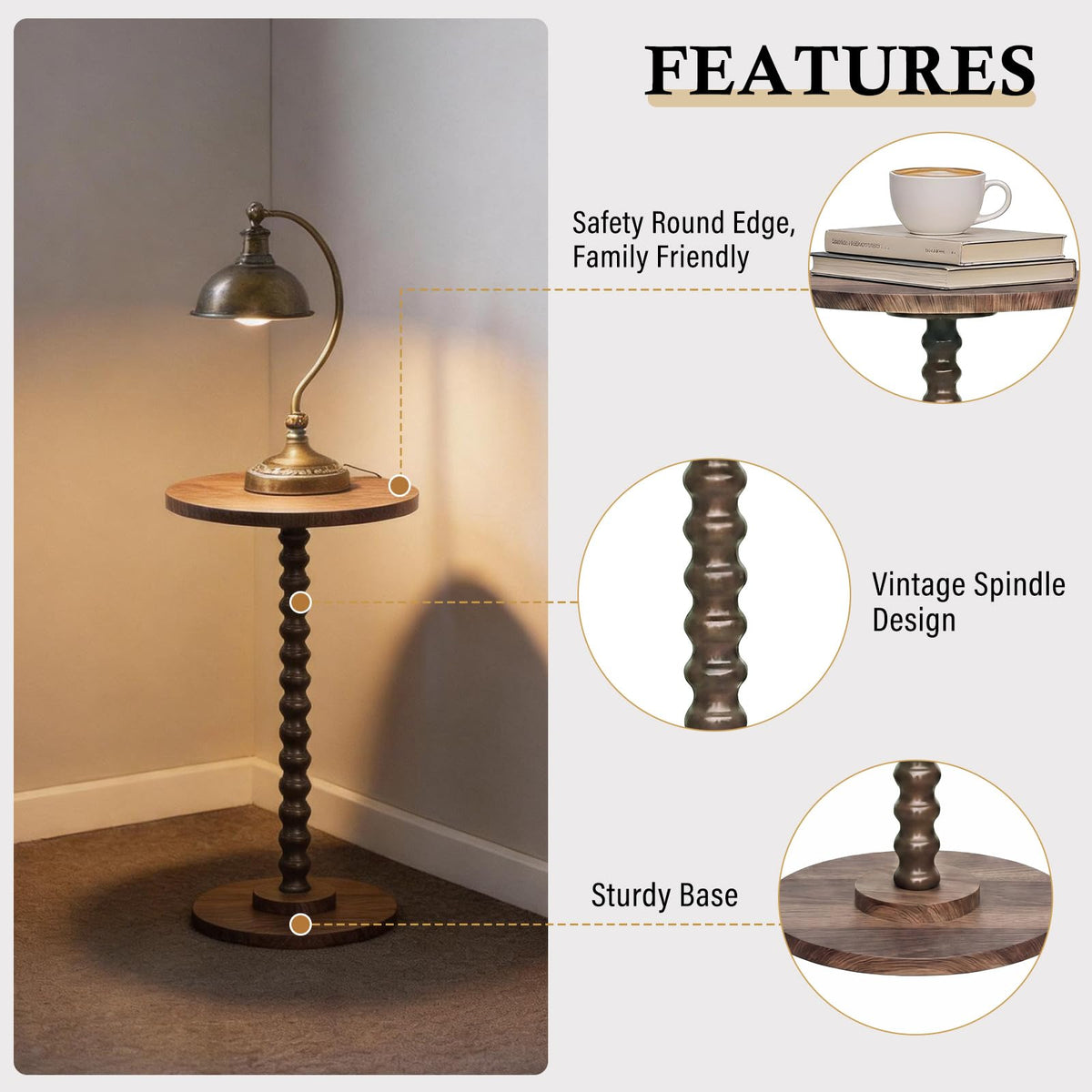 Round Side Table, Walnut Martini Drink Table for Small Spaces, Modern Pedestal Accent Tables with Wooden Leg, Small Round End Tables for Living Room, Bedroom, Balcony, Sofa Couch