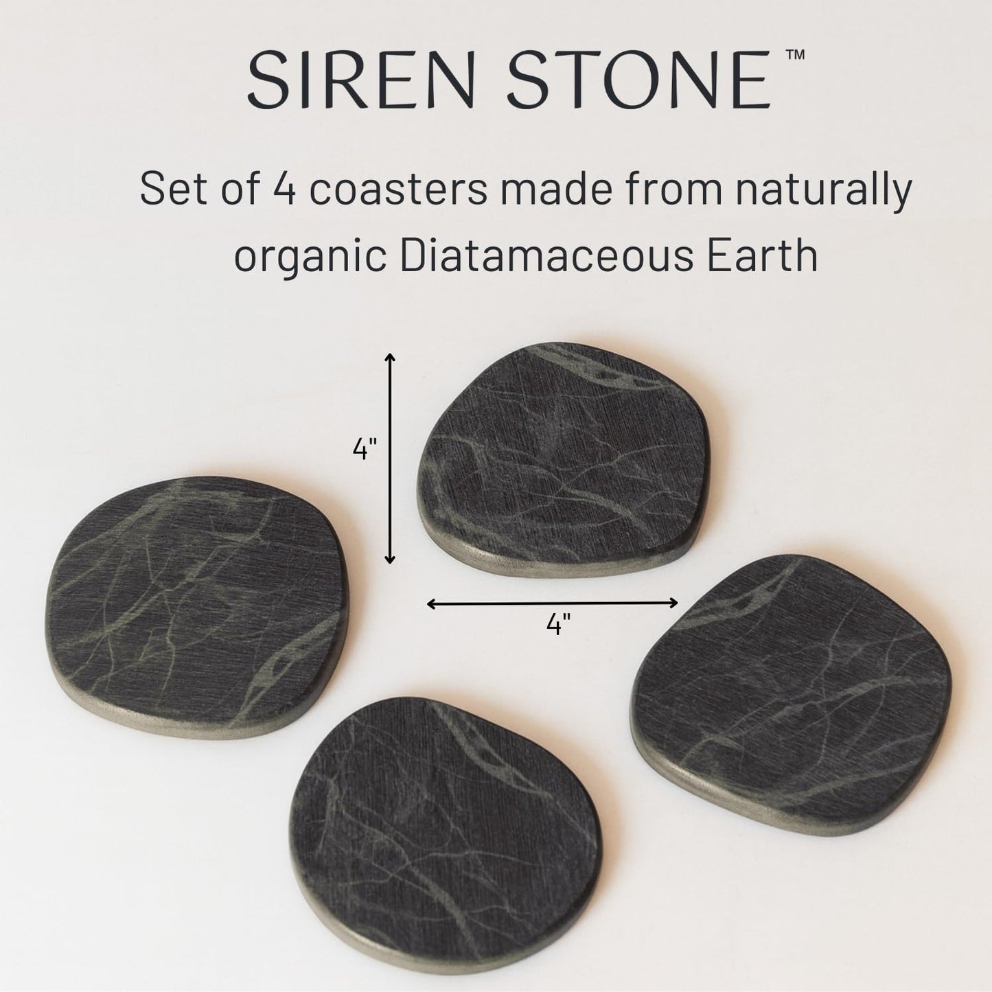 Siren Stone Diatomaceous Earth Coasters Set of 4 | Absorbent Stone Coasters for Drinks | Quick Dry, Water Absorbing | Non-Toxic, BPA-Free | Female Founded USA Brand
