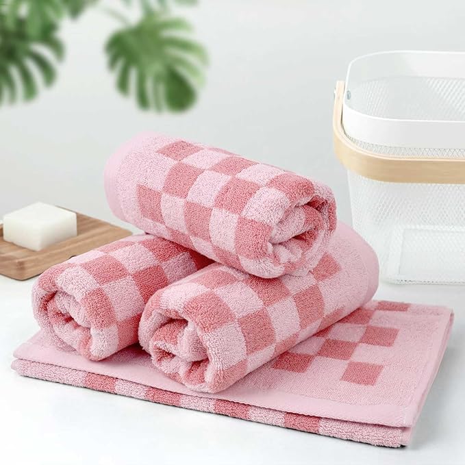 Jacquotha Soft Cotton Hand Towels in Pink Checkered