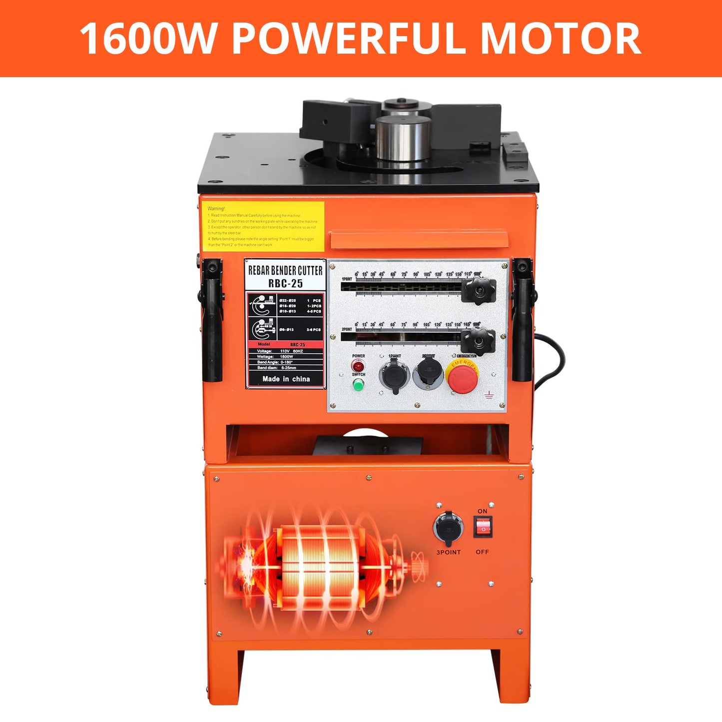 1600W Electric Rebar Bender ＆ Cutter 2-in-1, 6-7 Seconds Fast Bending Machine, 0-180° Accurate Portable Rebar Bender for 1/4 inch to 1 inch Steel Bar