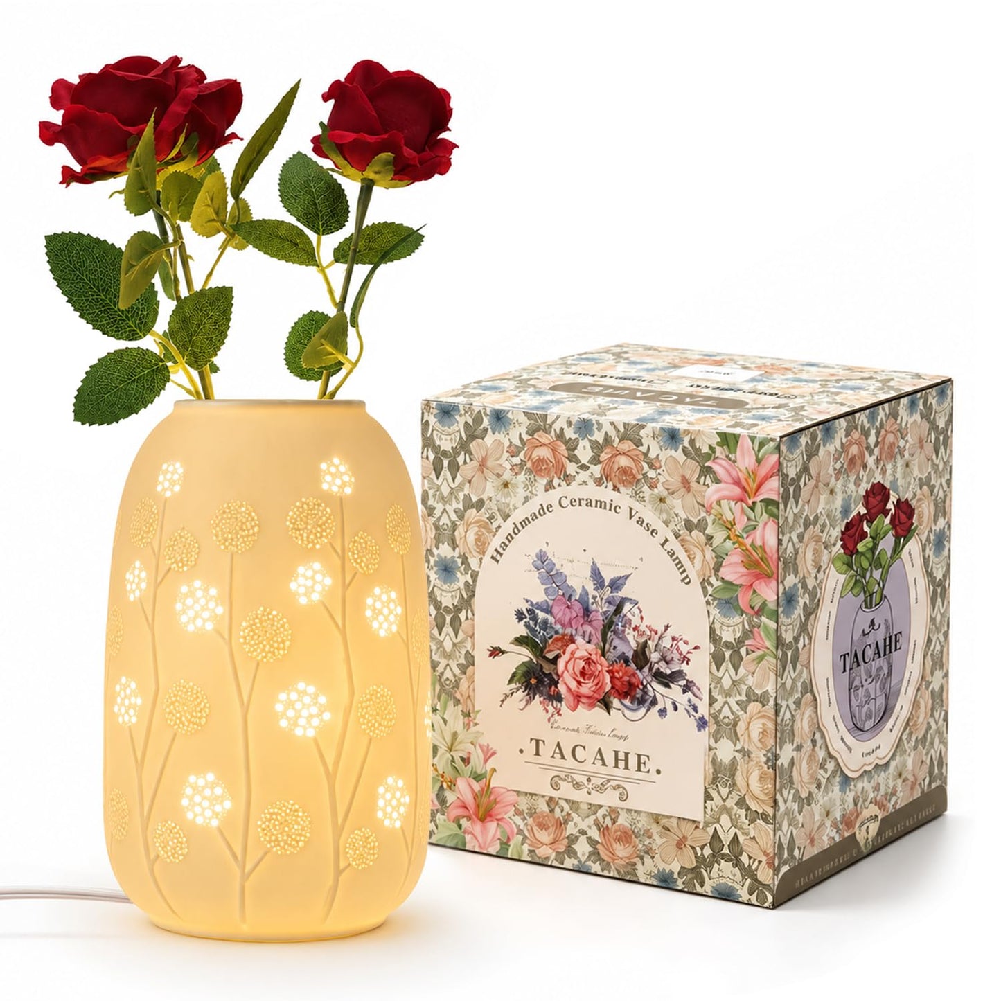 TACAHE Ceramic Vase Table Lamp, 2700K Bulb & 3 Artificial Flowers Included, E12 Socket, Inline Switch, Handmade Openwork Craft, Ambient Light for Living Room Bedroom - Dandelion 9"