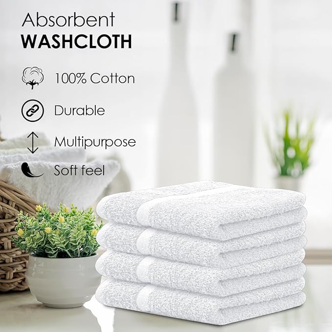 Avalon Towels Cotton Washcloths – Size 12x12 Inches, 100% Ring Spun Cotton