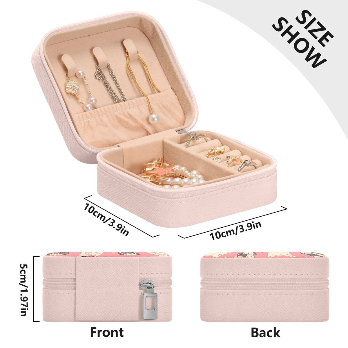ZZKKO Funny Cartoon Pug Puppy Small Jewelry Box Travel Jewelry Case Leather Jewelry Travel Organizer Mini Portable Storage Boxes for Womens Rings Necklaces Gifts Pink