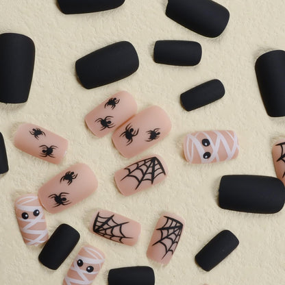 Halloween Press on Nails Square Short Fake Nails with Spiders Web Designs, Halloween Glue on nails for Women Girls, Matte Halloween Acrylic False Nails for Women