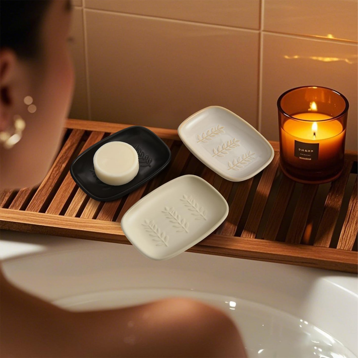 ZIVONA Ceramic Soap Dish for Bathroom, Bar Soap Holder with Elevated Ridges - Keeps Soap Dry, Premium Porcelain Dish, Elegant Modern Decor for Vanity Sink, Shower (Beige)