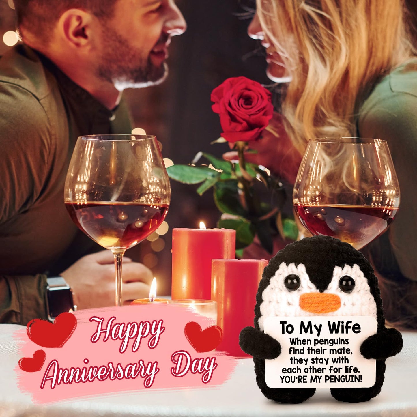 Valentines Day Gifts for Her Wife from Husband Birthday, To My Wife Handmade Crochet Emotional Mini Funny Penguin, Romantic Wedding Anniversary Valentine Gifts for Women Her, Small Love Sign Decor