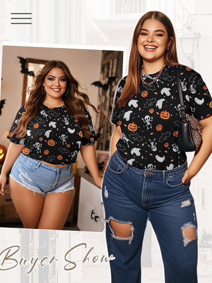 Anbech Women Plus Size Halloween Tops Pumpkin Grapchic Thanksgiving T-Shirt (Full Black, 5XL)
