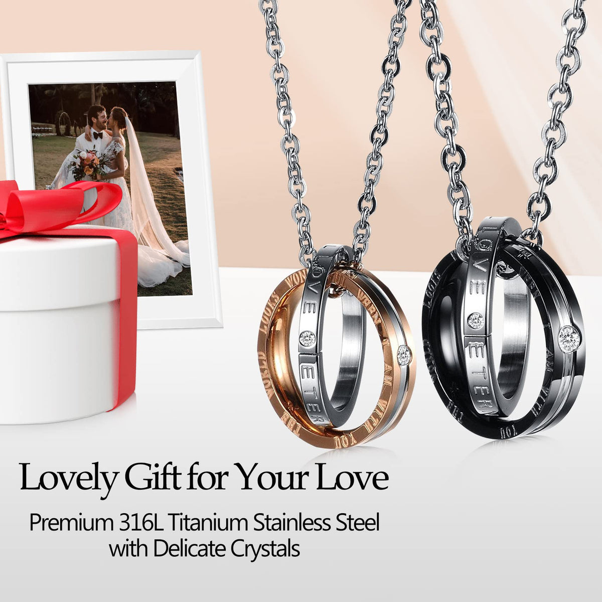 Feraco His Hers Matching Set Necklace For Couples, Titanium Stainless Steel Promise Love Pendant Necklaces, Jewelry Gifts for Girlfriend Boyfriend