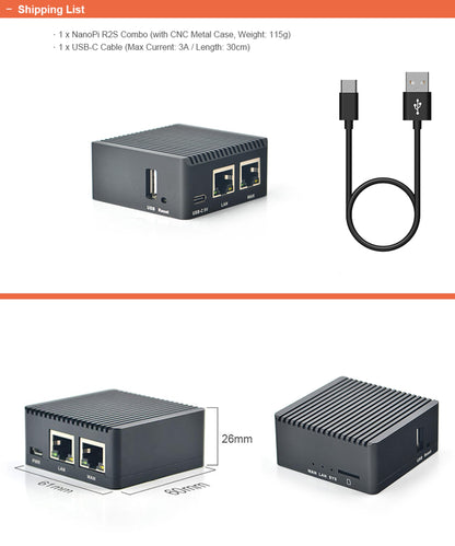 NanoPi R2S Open Source Mini Router with Dual-Gbps Ethernet Ports 1GB DDR4 Based in RK3328 Soc for IOT NAS Smart Home Gateway, Bundle with CNC Metal Case